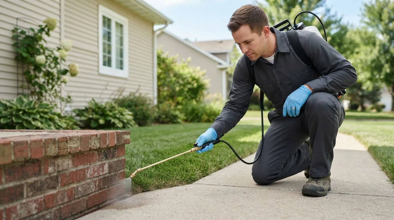Pest control technician treating a home near Malta Bend, MO
